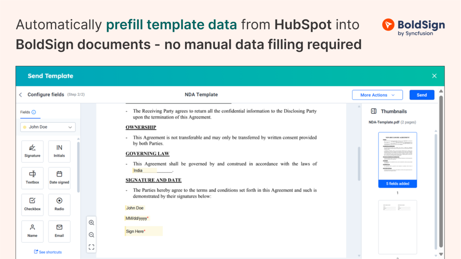 Automatically prefill BoldSign documents with HubSpot CRM data by mapping fields to templates.