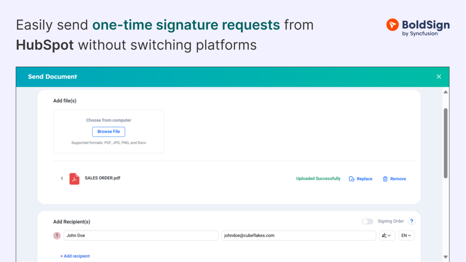 Send one-time signature requests from HubSpot easily.