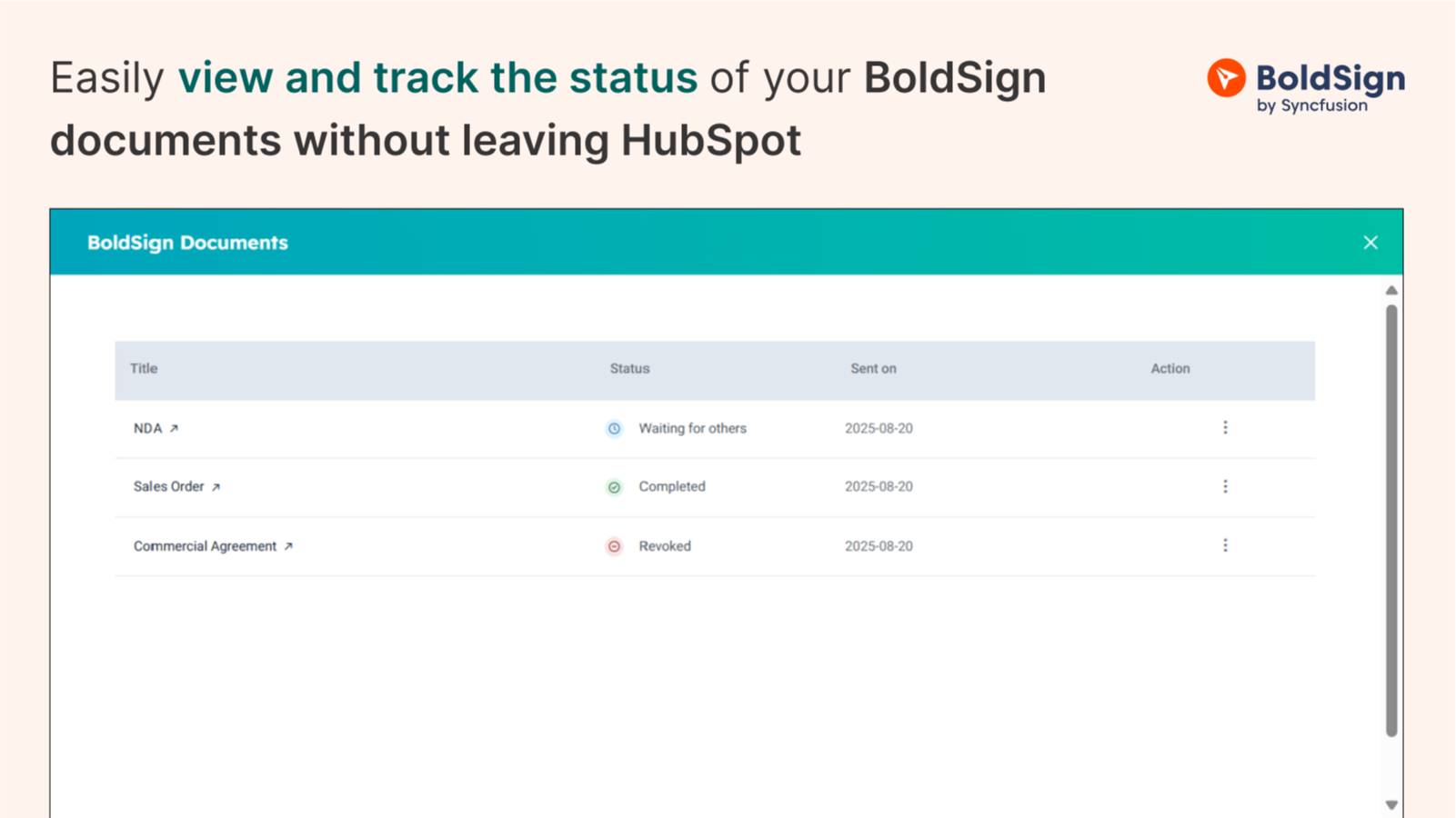 Track BoldSign document status in HubSpot in real time.