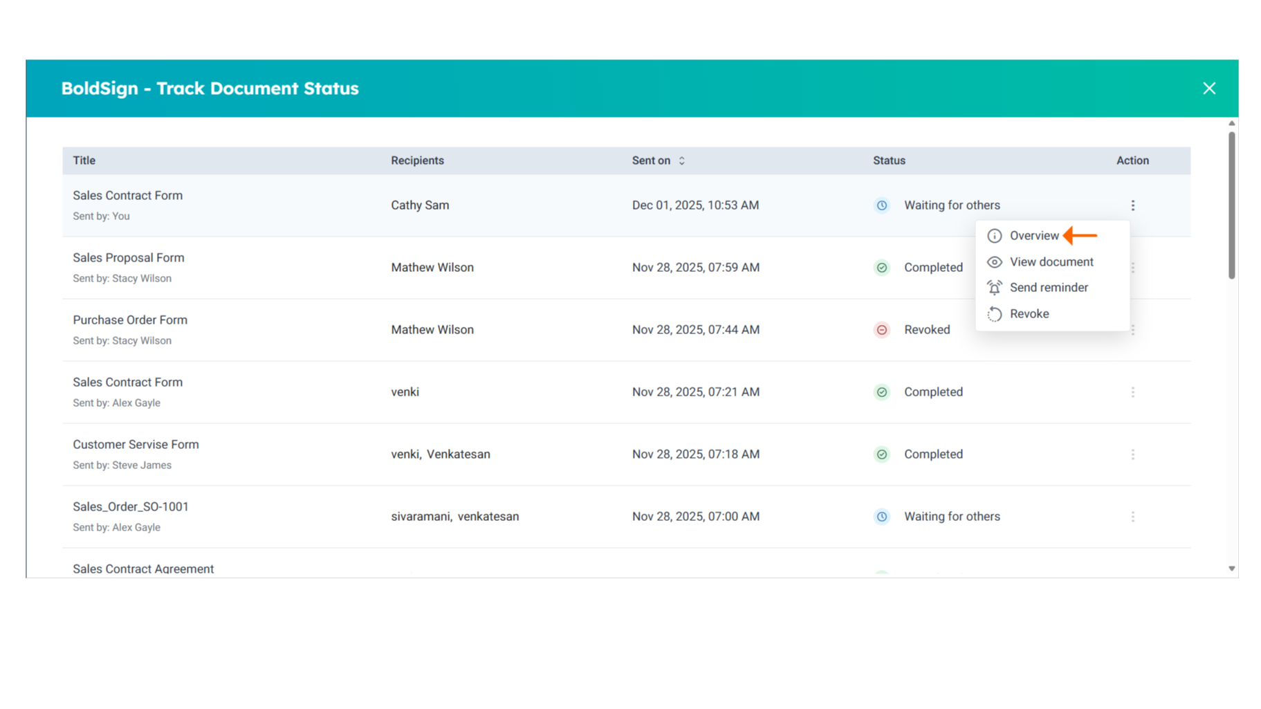 tract boldsign document status